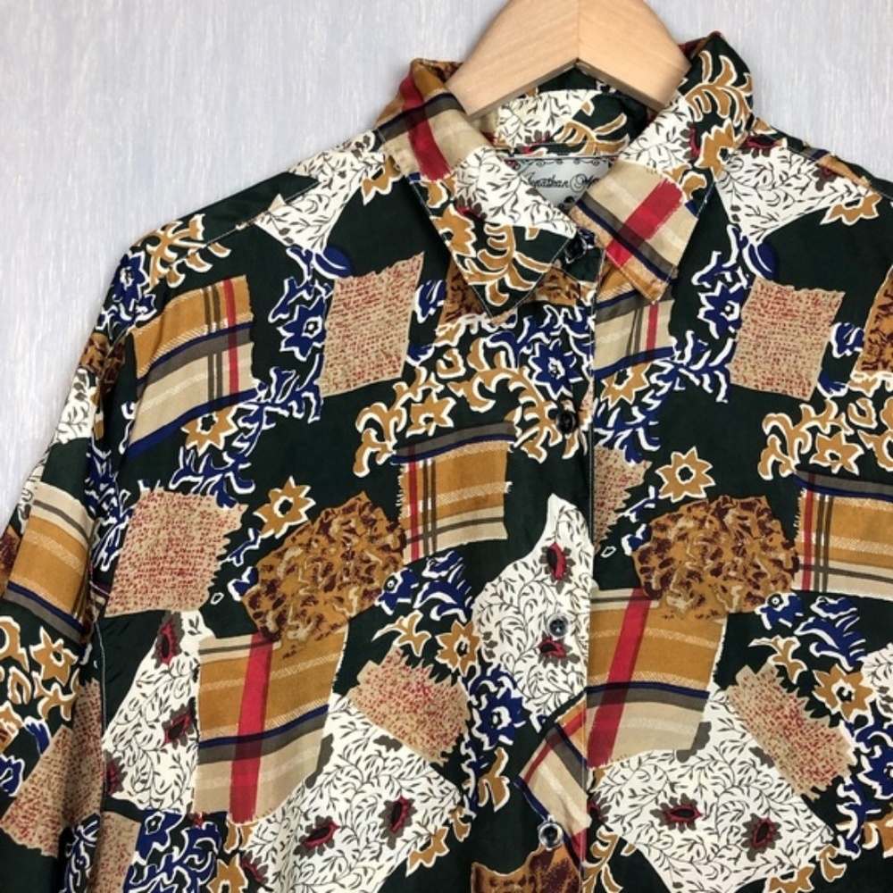 Vintage Silk Patchwork Print Tie Button Down - image 4